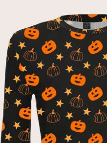 SHEIN EZwear 女式南瓜全印花圆领紧身短款休闲长袖打底 T 恤，适合秋冬万圣节 - 白色 - 查看 4