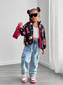 SHEIN Chaqueta de plumas con estampado de oso lindo para niñas, diseño adorable con estampado de oso de dibujos animados, colores ricos, amado por los niños, agrega un toque de diversión y moda, corte holgado para un uso cómodo y fácil de combinar, apropiado para actividades al aire libre en otoño e invierno