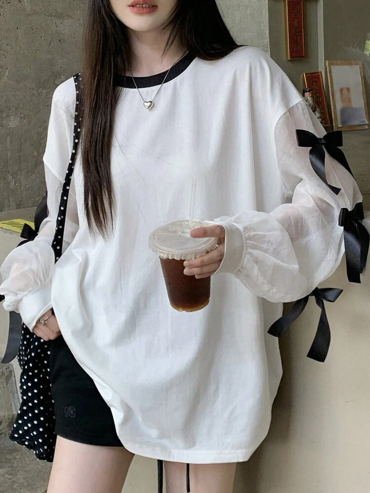 Maglietta casual a maniche lunghe da donna con fiocco, in stile patchwork a contrasto di colori, abbigliamento autunnale, abbigliamento per il ritorno a scuola