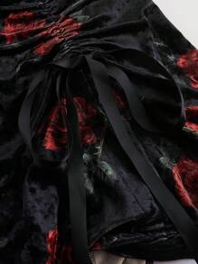 SHEIN MOD Women Elegant Red Floral Velvet Black Midi Dress With Bow Tie And Drawstring,Fall/Winter,Homecoming,Going Out,Wedding - Multicolor - View 7