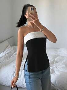 SHEIN EZwear 女士毛绒拼布抹胸上衣，休闲假日装 - 黑與白 - 查看 4