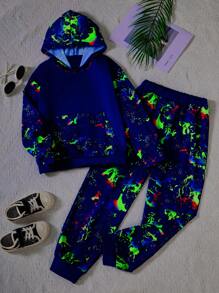 SHEIN 2pcs Tween Boys Glow In The Dark Kangaroo Pocket Hooded Set - Multicolor - View 1