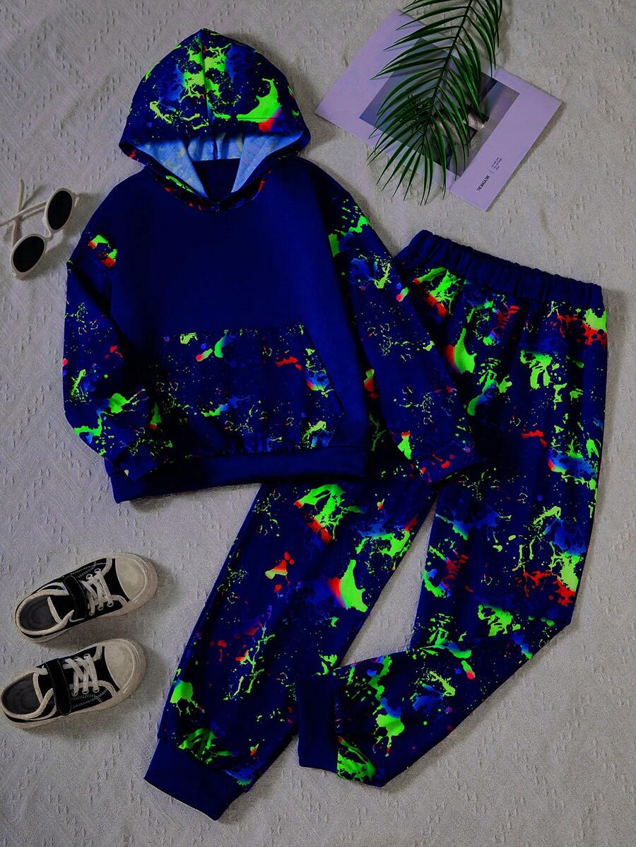 SHEIN 2pcs Tween Boys Glow In The Dark Kangaroo Pocket Hooded Set - Multicolor - View 1