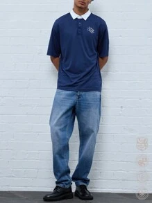 Manfinity VCAY Men's Knit Casual Daily Young Loose Patchwork Short Sleeve Polo Shirt - Blue - View 4