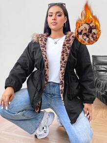 SHEIN EZwear Plus Size Women Hooded Long Sleeve Contrast Color Drawstring Fuzzy Trim Padded Coat