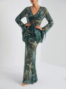 SHEIN Tall Bộ đồ hai mảnh thời trang lãng mạn cho kỳ nghỉ dành cho nữ gồm áo sơ mi buộc dây bèo nhún + váy - màu xanh lá - Xem 7