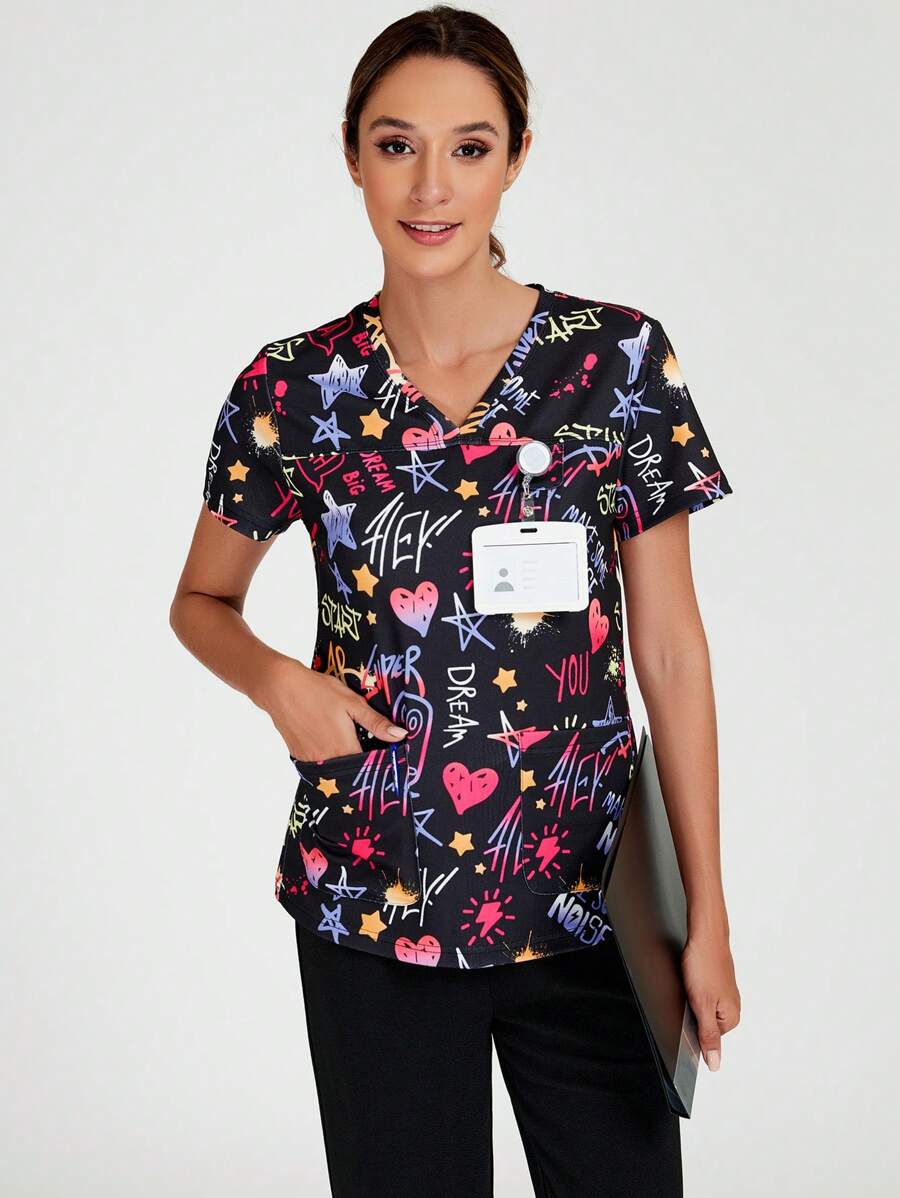 TaskEZ Phụ nữ - Áo thun cổ chữ V in hình Sweetheart, Đồng phục y tá cổ chữ V tay ngắn có 2 túi Áo phông chà hàng đầu - Nhiều màu - Xem 1