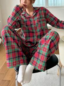 DAZY Conjunto de pijama con camisa de manga larga con botones y pantalón largo a cuadros, holgado