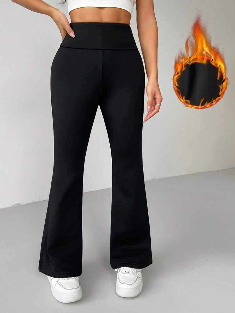 SHEIN PETITE Leggings acampanados de unicolor para mujeres con dobladillo, elásticos, con forro térmico de microbotas - Gris - Ver 1