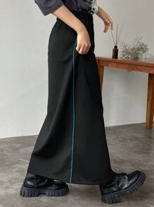 FRIFUL Váy suông thẳng xẻ tà tương phản thường ngày cho nữ - màu đen - Xem 2