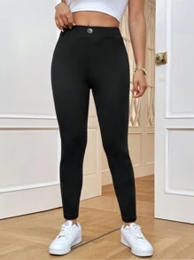 SHEIN Essnce 大码女士秋冬羊毛紧身裤，黑色紧身裤，女士紧身裤，2 个口袋秋季裤子，带口袋的紧身裤秋季女士服装冬季裤子 - 黑色 - 查看 3