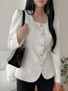 DAZY Women's Solid Square Collar Button Front Long Sleeve Elegant Jacket