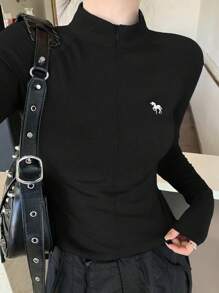 DAZY 纯色前拉链长袖修身 T 恤，女士休闲日常高领衫 - 黑色 - 查看 2