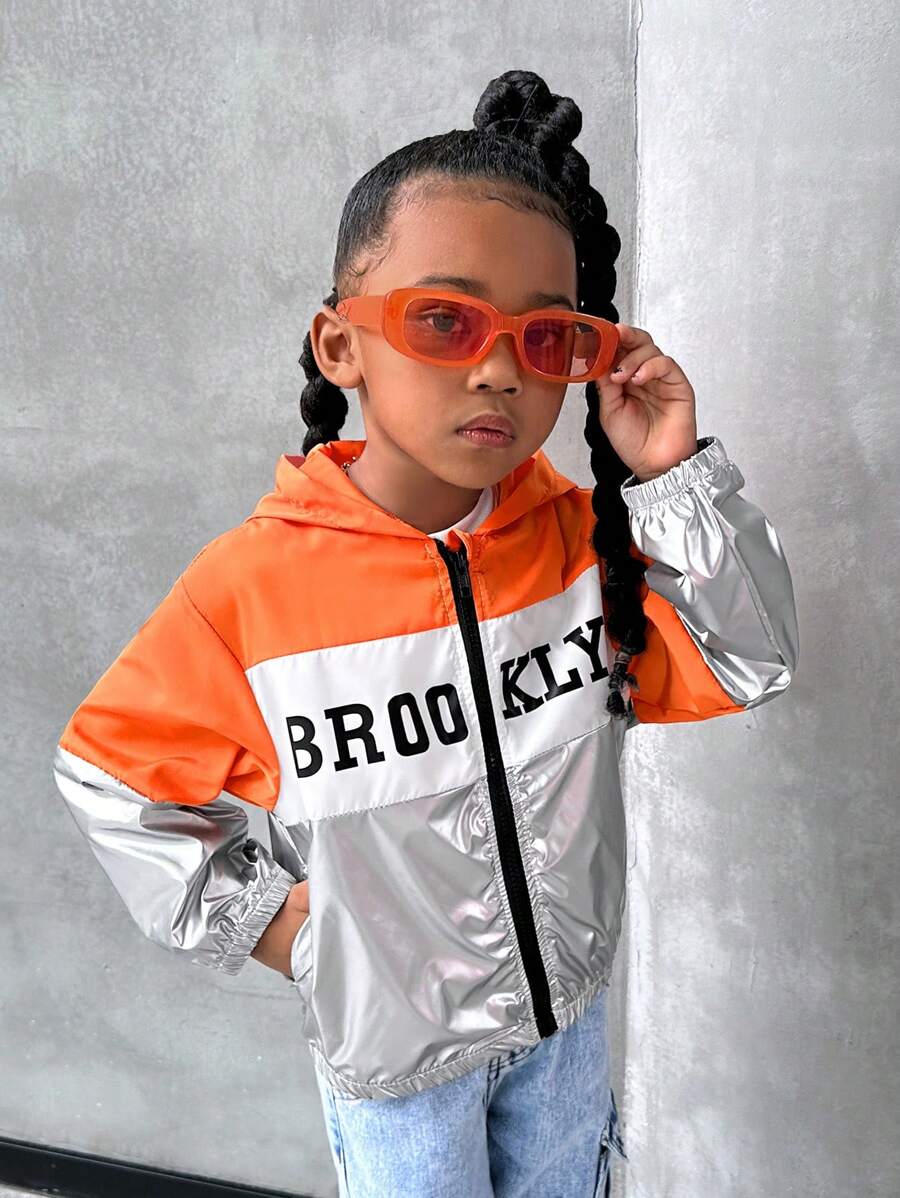 SHEIN Explorewe Áo khoác hoodie oversized thời trang dạo phố thường ngày cho bé gái, thiết kế in chữ Colorblock, mùa thu - trái cam - Xem 1