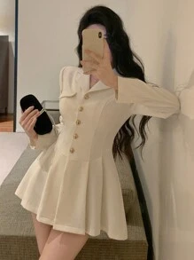 DAZY 女士纯色纽扣长袖休闲连衣裙，生日、新年、舞会礼服，荷叶边迷你裙，秋季优雅女装 - 白色 - 查看 3