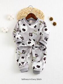 Cozy Pixies 2pcs/Set Baby Boy Panda Graphic Crew Neck Fleece Top And Jogger Pants Winter Outfit Pajama Set