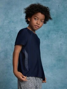 SHEIN Tween Boy Knitted Solid Color Panel Letter Reflective Print Crew Neck Short Sleeve Casual Sports T-Shirt - Navy Blue - View 1