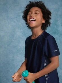 SHEIN Tween Boy Knitted Solid Color Panel Letter Reflective Print Crew Neck Short Sleeve Casual Sports T-Shirt - Navy Blue - View 5