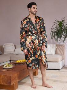 Manfinity ChillVibe Men Full Print Belted Pajama Robe - Multicolor - View 5