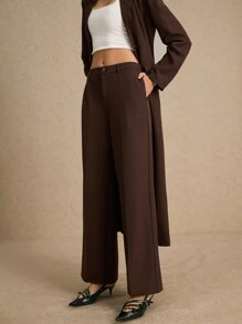 Poéselle Women's Brown Low Rise Casual Suit Pants With Side Pockets, Old Money, Office Wear, Business Casual Women's Wear, Business Women's Wear, Women's Low Rise Formal Trousers, Fall Essentials, Fall Wear, Winter Women's Wear, Frenchy Style - Chocolate Brown - View 3