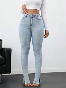 SHEIN Tall Jeans pitillo elásticos para mujer con abertura lateral, azul
