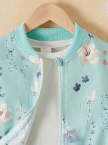 SHEIN Vintaside Kids Tween Girl Floral & Leaf Print Short Bomber Jacket, Lightweight Autumn - Green - View 4