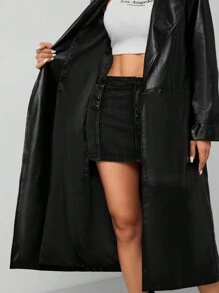 SHEIN PETITE Women's PU Trench Coat Long Coat In Fall/Winter - Black - View 8
