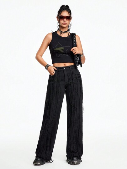 Grunge Punk Jean décontracté pour femme de style punk avec franges à pompons, coupe droite et ample