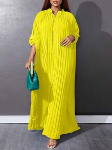 Plus Notched Neckline Batwing Sleeve Pleated Dress - Yellow - View 3