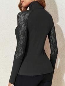 Ren tương phản Cổ cao Áo thun - màu đen - Xem 2