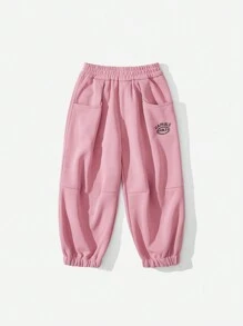 SHEIN Girls' Outdoor Casual Fall Sports Elastic Waist Drawstring Pockets Jogger Knit Pants, Suitable For Outdoor Play, City Casual - Pink - View 3