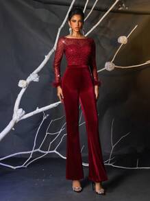 Glamrae Eleganter, wunderschöner, roter, glitzernder Jumpsuit mit falschen roten Perlen und Pailletten, Patchwork-Stretchvelours mit transparenten Ärmeln, geeignet für Hochzeit, Party, Urlaub, Abschlussfeier, Damen Partybekleidung (stark verziert) - Bordeaux - Übersicht 6