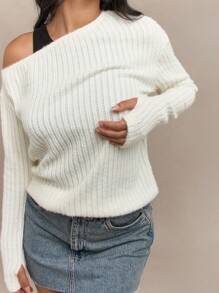 MISSGUIDED Jersey de lana tejido con un solo hombro, mangas largas y detalle de agujero para el pulgar - Beis - Ver 3