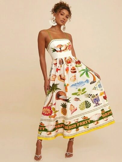 Travachic Vacation Tropical Plant Print Spaghetti Strap Long Dress For Women, Fall Women Dresses,Sun Dress