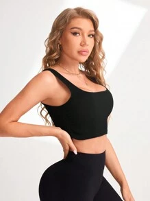 Women Square Neck Seamless Cropped Casual Tank Top - Black - View 4