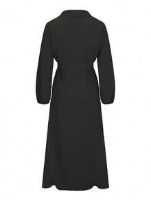 Women's Solid Color Maxi Long Dress With Collar And Self-Tie Belt, Elegant Long Sleeve Abaya, Modest