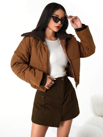 SHEIN Teen Girl Casual Stylish Knitted Collar Padded Coat, Brown