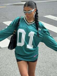 Muchica Women's New Number & Letter Printed Soccer T-Shirt, Back To School Casual Wear