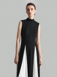 Ontre Women's 2025 Spring New Arrival Stand Collar Sleeveless Black&White Patchwork Dress, Elegant Fashion Party Gown