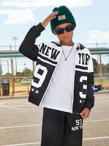 2 piezas Conjunto informal de sudadera y pantalón de chándal con patchwork para niños adolescentes