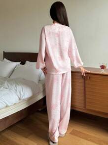 DAZY All-Over Floral Print Tie-Front Pajama Set - Pink - View 2