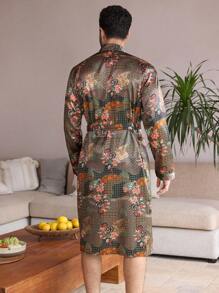 Men's Floral Print Robe With Belted Waist - Multicolor - View 2