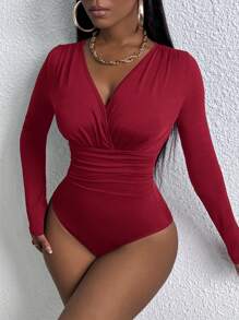 Slaydiva 女士纯色 V 领长袖褶皱紧身衣 - 酒紅色 - 查看 3