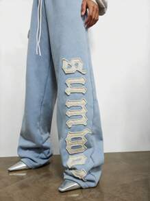 SUMWON WOMEN Wide Leg Washed Sweatpants With Applique - Baby Blue - View 4