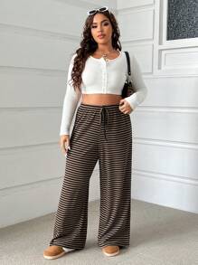 CovetEZ Plus Size Knit Textured Wide-Leg Drawstring Pants - Brown - View 4