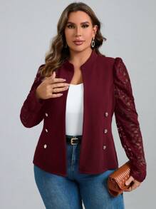 SHEIN Clasi Áo khoác ren bong bóng dài tay màu trơn tương phản xuân thu cỡ lớn cho nữ, hai hàng khuy thanh lịch - Màu Đỏ Sâu - Xem 3