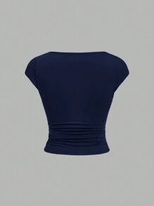 SHEIN Essnce 2 chiếc áo thun tay ngắn bó sát cạp chun đơn giản dành cho nữ - Màu xanh hải quân - Xem 6