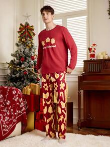 Happy Jammies 2 件套男士圣诞主题印花圆领长袖睡衣套装 - 紅色 - 查看 3