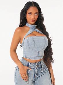 SHEIN SXY Summer Sexy Zipper Hollow Out Back Halter Denim Top - Light Wash - View 4