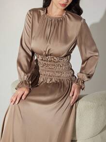 Veilorie Women Plain Round Neck Long Sleeve Pleated Minimalist Casual Arabian Modest Dress - Coffee Brown - View 4